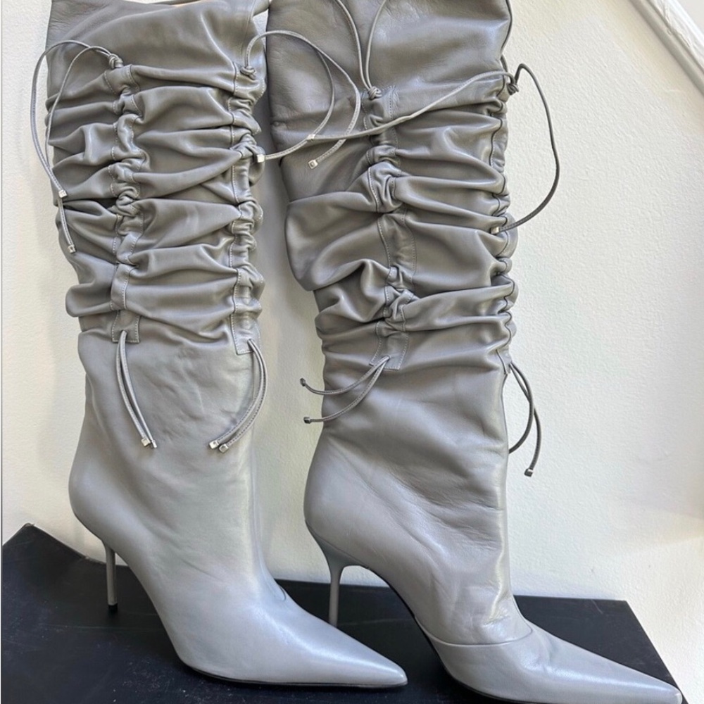 Dolce & Gabbana Gray Ruched Leather Over-the-Knee Stiletto Boots